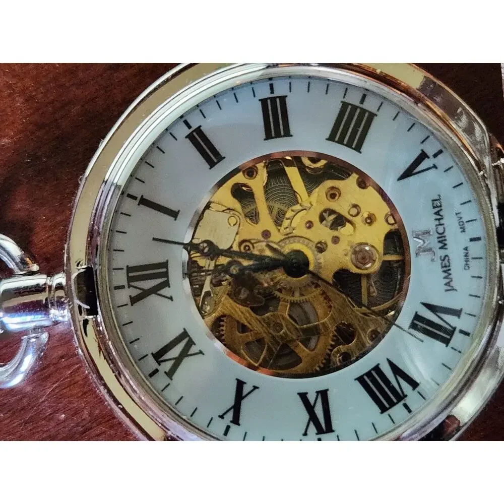 James Michael Skeleton Pocket Watch Silver Tone Open Face Quartz